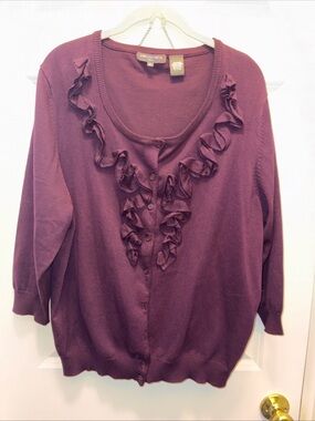 Karen Scott Ruffle-Front Cardigan Sweater - Plum
